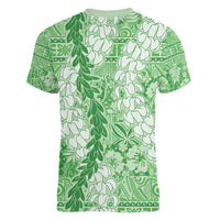 Green Puakenikeni and Maile Lei Women V-Neck T-Shirt Hawaiian Style Tribal Tapa Double Strand Lei LT9 - Polynesian Pride