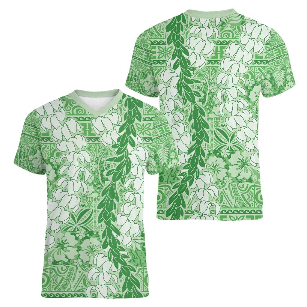 Green Puakenikeni and Maile Lei Women V-Neck T-Shirt Hawaiian Style Tribal Tapa Double Strand Lei LT9 - Polynesian Pride