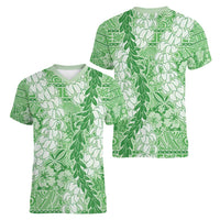 Green Puakenikeni and Maile Lei Women V-Neck T-Shirt Hawaiian Style Tribal Tapa Double Strand Lei LT9 - Polynesian Pride