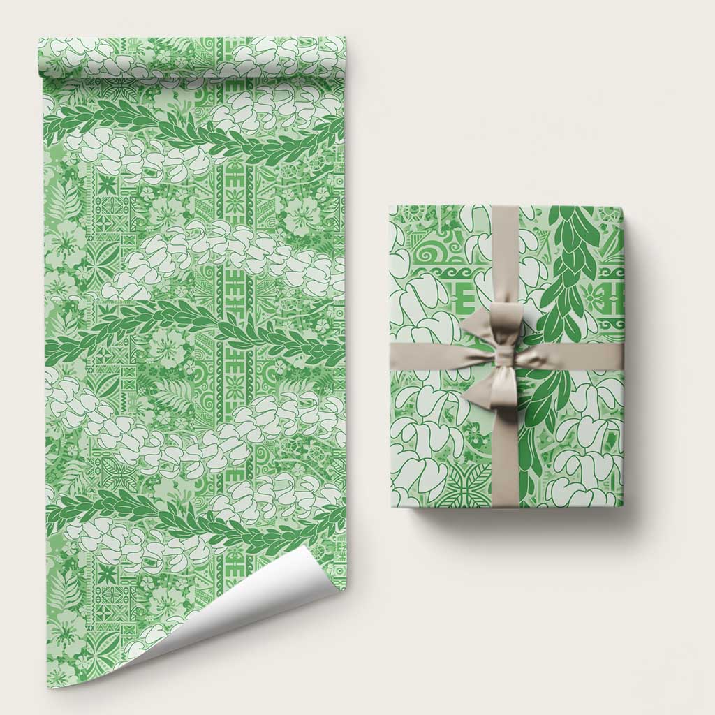 Green Puakenikeni and Maile Lei Wrapping Paper Hawaiian Style Tribal Tapa Double Strand Lei LT9 58" × 23" Green - Polynesian Pride