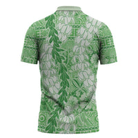 Green Puakenikeni and Maile Lei Zipper Polo Shirt Hawaiian Style Tribal Tapa Double Strand Lei LT9 - Polynesian Pride