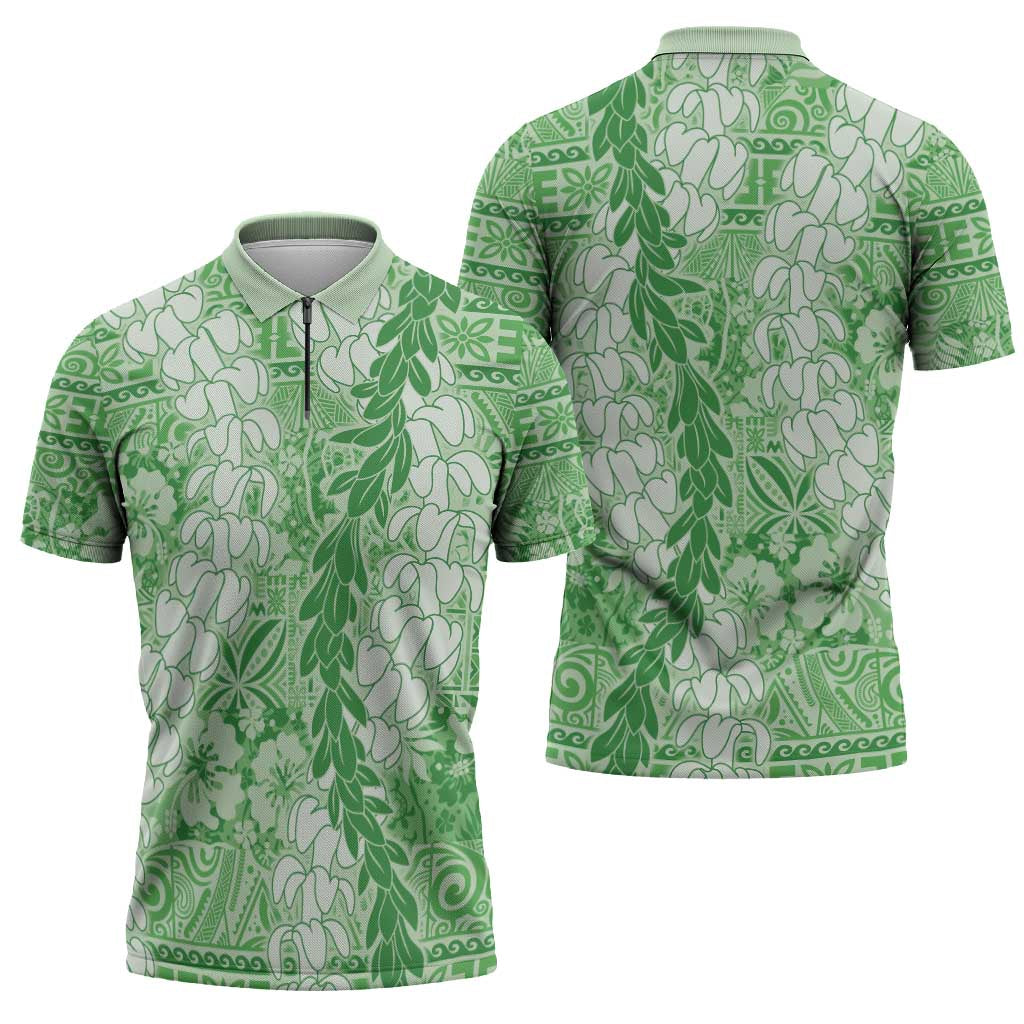 Green Puakenikeni and Maile Lei Zipper Polo Shirt Hawaiian Style Tribal Tapa Double Strand Lei LT9 - Polynesian Pride