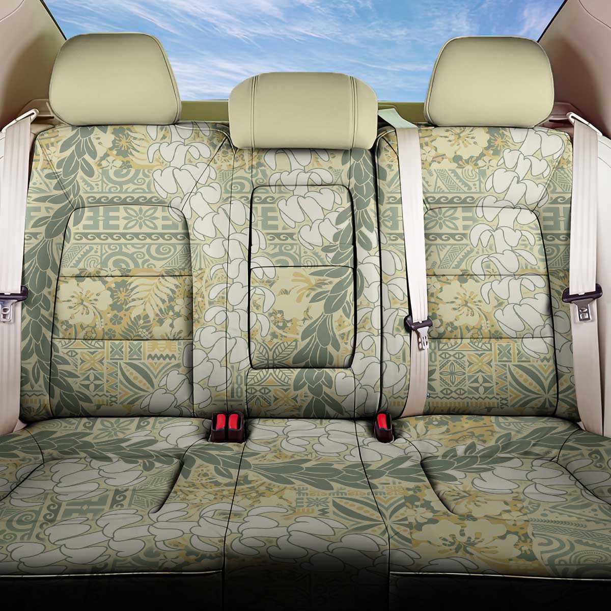 Vintage Puakenikeni and Maile Lei Back Car Seat Cover Hawaiian Style Tribal Tapa Double Strand Lei