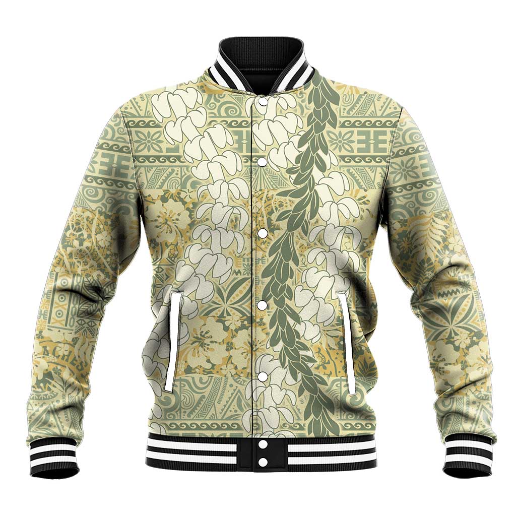 Vintage Puakenikeni and Maile Lei Baseball Jacket Hawaiian Style Tribal Tapa Double Strand Lei LT9 Unisex Vintage - Polynesian Pride