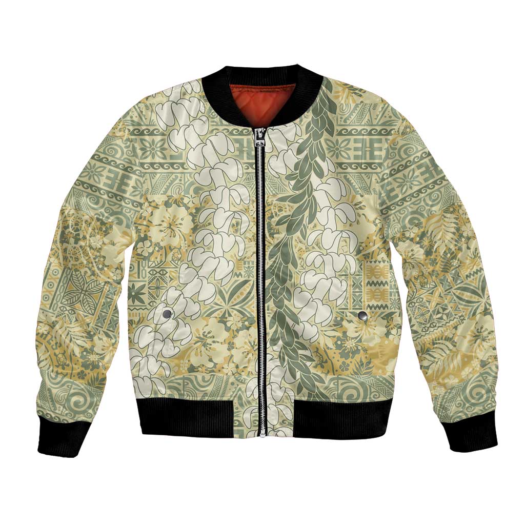 Vintage Puakenikeni and Maile Lei Bomber Jacket Hawaiian Style Tribal Tapa Double Strand Lei LT9 Unisex Vintage - Polynesian Pride