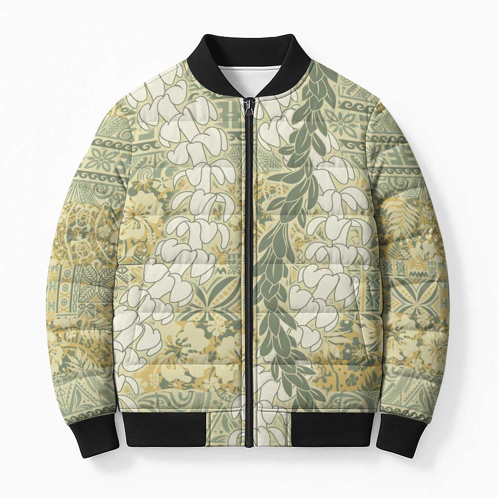 Vintage Puakenikeni and Maile Lei Bomber Puffer Jacket Hawaiian Style Tribal Tapa Double Strand Lei LT9 Unisex Vintage - Polynesian Pride