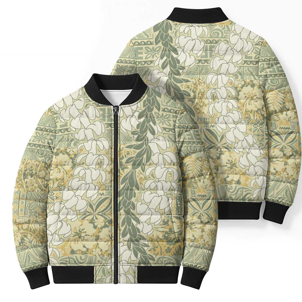 Vintage Puakenikeni and Maile Lei Bomber Puffer Jacket Hawaiian Style Tribal Tapa Double Strand Lei LT9 - Polynesian Pride