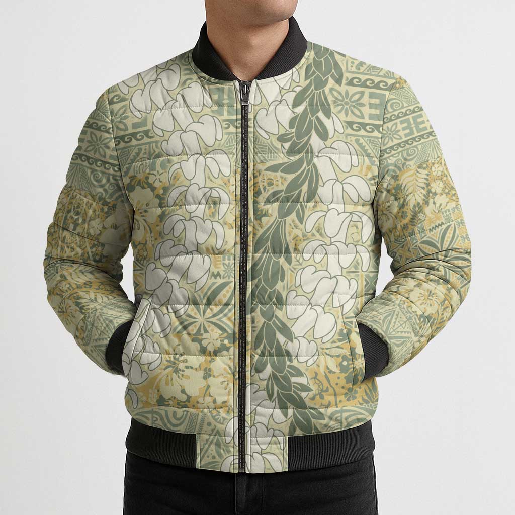 Vintage Puakenikeni and Maile Lei Bomber Puffer Jacket Hawaiian Style Tribal Tapa Double Strand Lei LT9 - Polynesian Pride