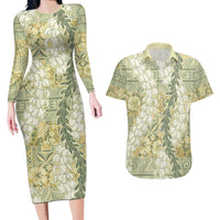 Vintage Puakenikeni and Maile Lei Couples Matching Long Sleeve Bodycon Dress and Hawaiian Shirt Hawaiian Style Tribal Tapa Double Strand Lei LT9 Vintage - Polynesian Pride