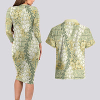 Vintage Puakenikeni and Maile Lei Couples Matching Long Sleeve Bodycon Dress and Hawaiian Shirt Hawaiian Style Tribal Tapa Double Strand Lei LT9 - Polynesian Pride