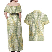 Vintage Puakenikeni and Maile Lei Couples Matching Off Shoulder Maxi Dress and Hawaiian Shirt Hawaiian Style Tribal Tapa Double Strand Lei LT9 - Polynesian Pride