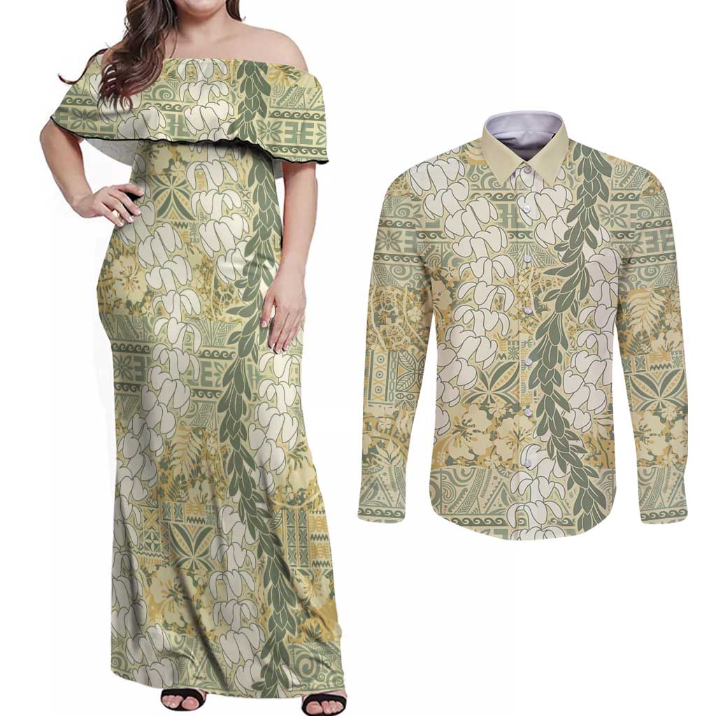 Vintage Puakenikeni and Maile Lei Couples Matching Off Shoulder Maxi Dress and Long Sleeve Button Shirt Hawaiian Style Tribal Tapa Double Strand Lei LT9 Vintage - Polynesian Pride