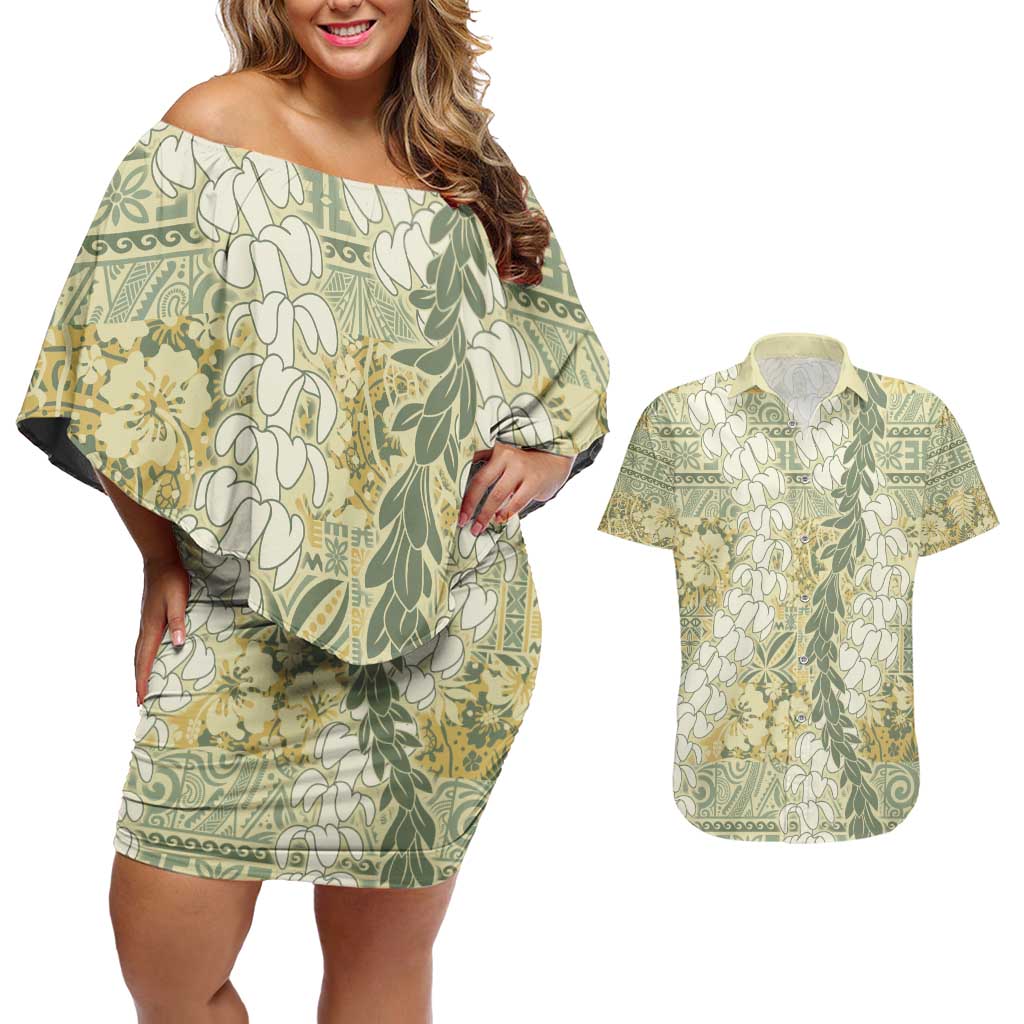 Vintage Puakenikeni and Maile Lei Couples Matching Off Shoulder Short Dress and Hawaiian Shirt Hawaiian Style Tribal Tapa Double Strand Lei