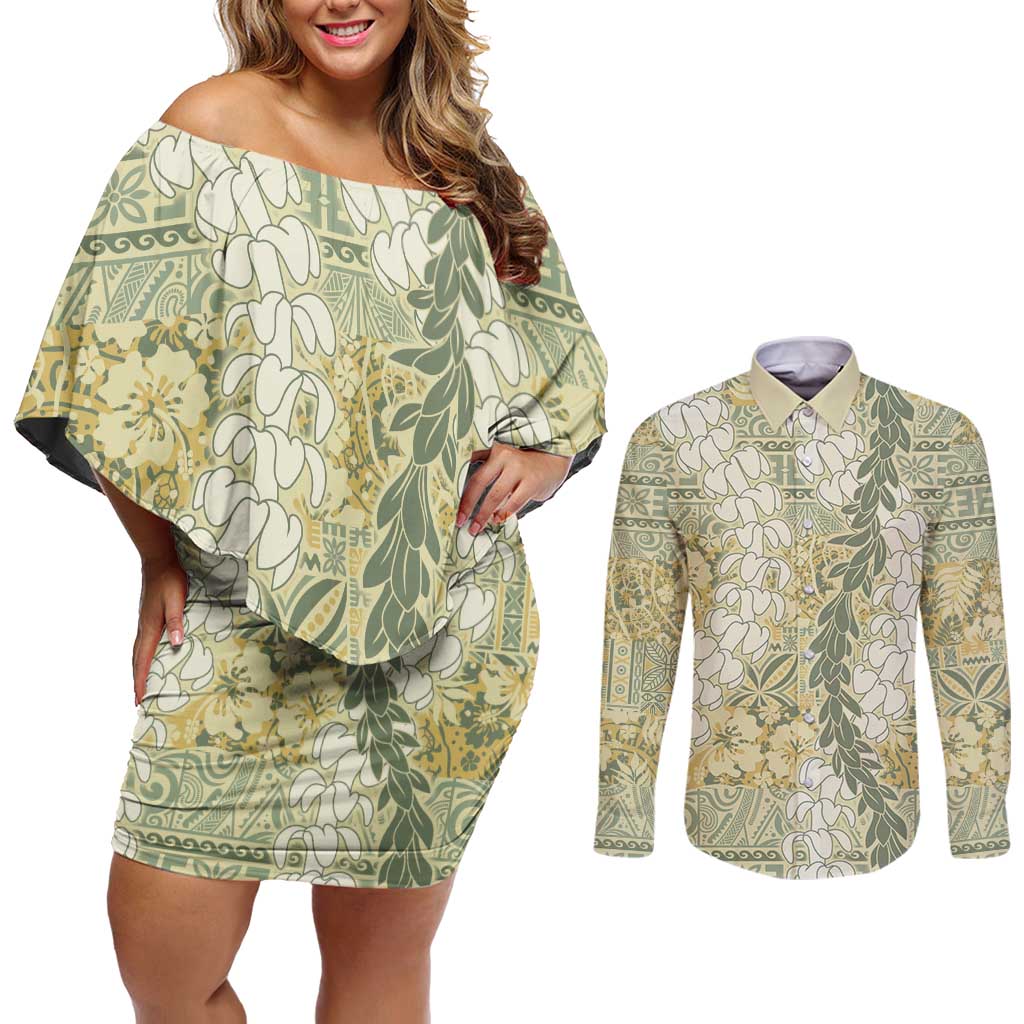 Vintage Puakenikeni and Maile Lei Couples Matching Off Shoulder Short Dress and Long Sleeve Button Shirt Hawaiian Style Tribal Tapa Double Strand Lei LT9 Vintage - Polynesian Pride