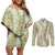 Vintage Puakenikeni and Maile Lei Couples Matching Off Shoulder Short Dress and Long Sleeve Button Shirt Hawaiian Style Tribal Tapa Double Strand Lei