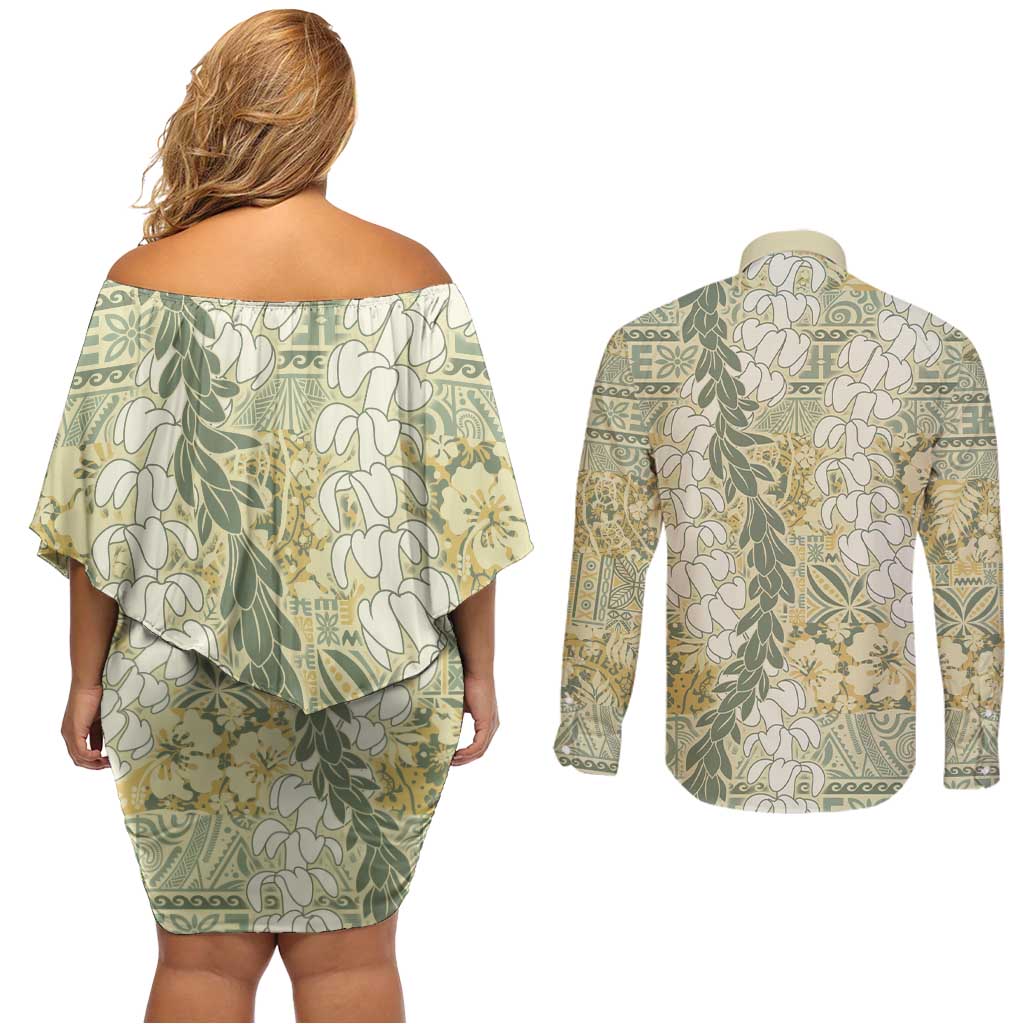 Vintage Puakenikeni and Maile Lei Couples Matching Off Shoulder Short Dress and Long Sleeve Button Shirt Hawaiian Style Tribal Tapa Double Strand Lei LT9 - Polynesian Pride