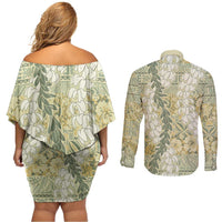 Vintage Puakenikeni and Maile Lei Couples Matching Off Shoulder Short Dress and Long Sleeve Button Shirt Hawaiian Style Tribal Tapa Double Strand Lei LT9 - Polynesian Pride