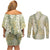Vintage Puakenikeni and Maile Lei Couples Matching Off Shoulder Short Dress and Long Sleeve Button Shirt Hawaiian Style Tribal Tapa Double Strand Lei