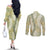 Vintage Puakenikeni and Maile Lei Couples Matching Off The Shoulder Long Sleeve Dress and Long Sleeve Button Shirt Hawaiian Style Tribal Tapa Double Strand Lei