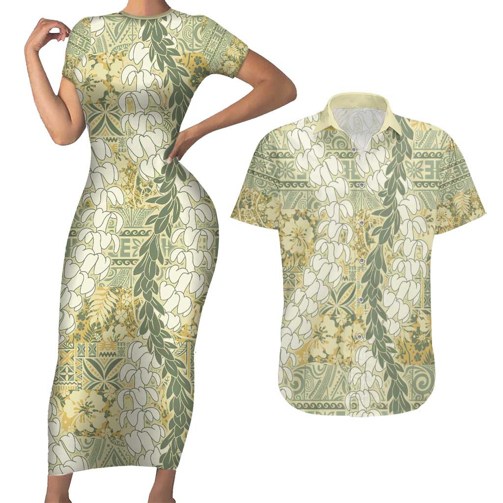 Vintage Puakenikeni and Maile Lei Couples Matching Short Sleeve Bodycon Dress and Hawaiian Shirt Hawaiian Style Tribal Tapa Double Strand Lei