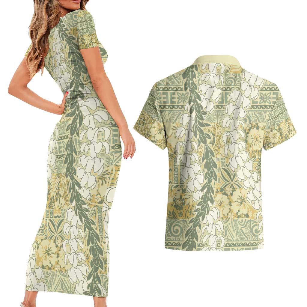 Vintage Puakenikeni and Maile Lei Couples Matching Short Sleeve Bodycon Dress and Hawaiian Shirt Hawaiian Style Tribal Tapa Double Strand Lei LT9 - Polynesian Pride