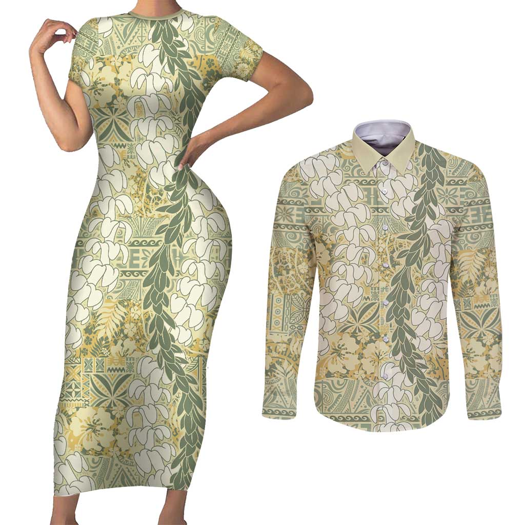 Vintage Puakenikeni and Maile Lei Couples Matching Short Sleeve Bodycon Dress and Long Sleeve Button Shirt Hawaiian Style Tribal Tapa Double Strand Lei
