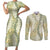 Vintage Puakenikeni and Maile Lei Couples Matching Short Sleeve Bodycon Dress and Long Sleeve Button Shirt Hawaiian Style Tribal Tapa Double Strand Lei