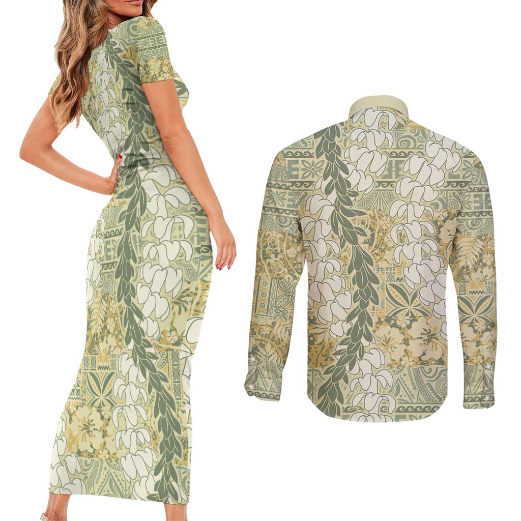 Vintage Puakenikeni and Maile Lei Couples Matching Short Sleeve Bodycon Dress and Long Sleeve Button Shirt Hawaiian Style Tribal Tapa Double Strand Lei LT9 - Polynesian Pride