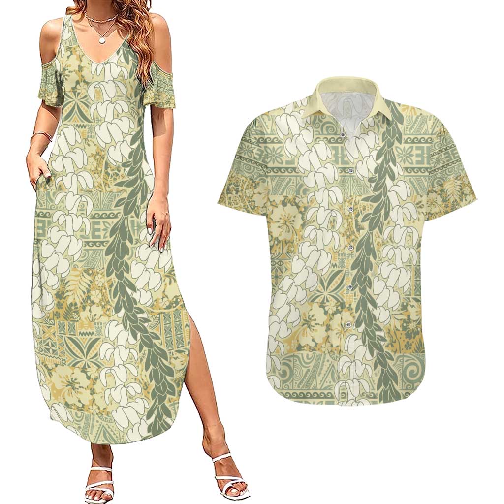 Vintage Puakenikeni and Maile Lei Couples Matching Summer Maxi Dress and Hawaiian Shirt Hawaiian Style Tribal Tapa Double Strand Lei LT9 Vintage - Polynesian Pride