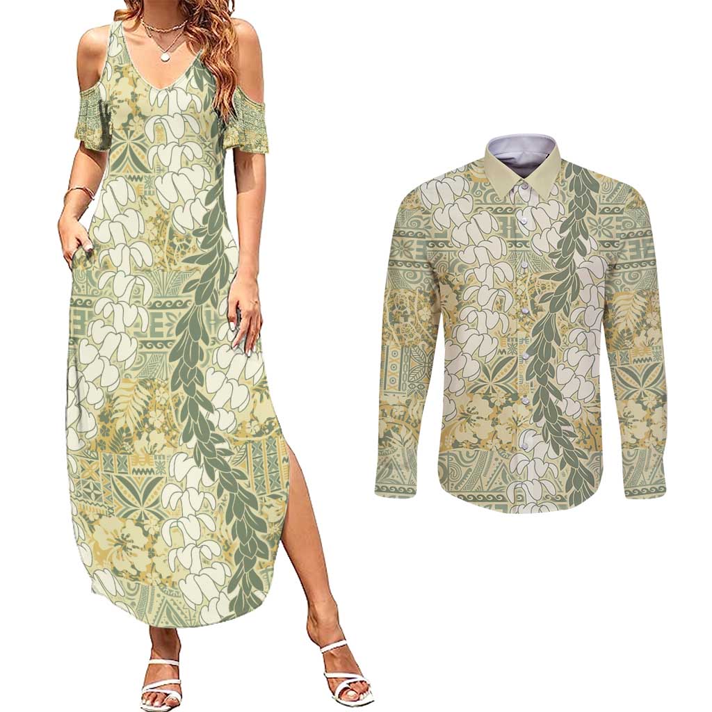 Vintage Puakenikeni and Maile Lei Couples Matching Summer Maxi Dress and Long Sleeve Button Shirt Hawaiian Style Tribal Tapa Double Strand Lei LT9 Vintage - Polynesian Pride