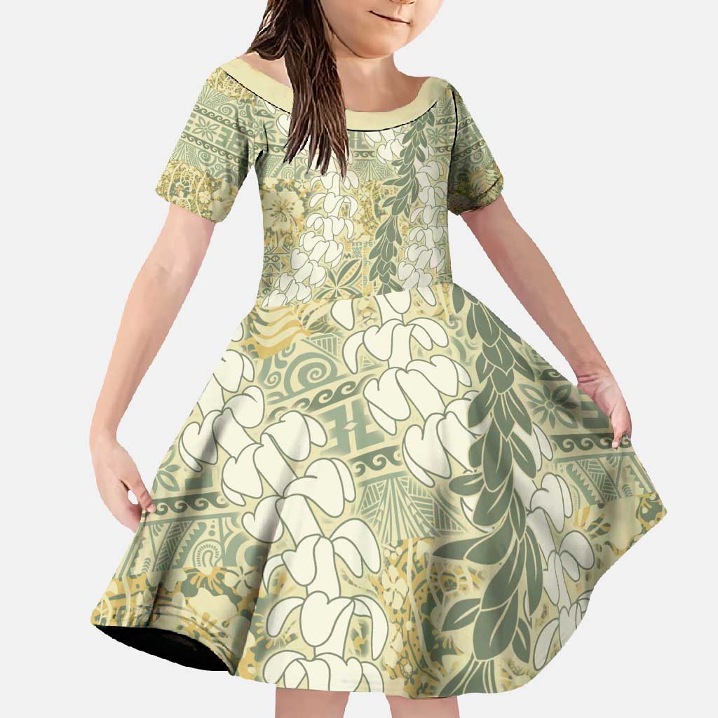 Vintage Puakenikeni and Maile Lei Family Matching Long Sleeve Bodycon Dress and Hawaiian Shirt Hawaiian Style Tribal Tapa Double Strand Lei LT9 Daughter's Dress Vintage - Polynesian Pride