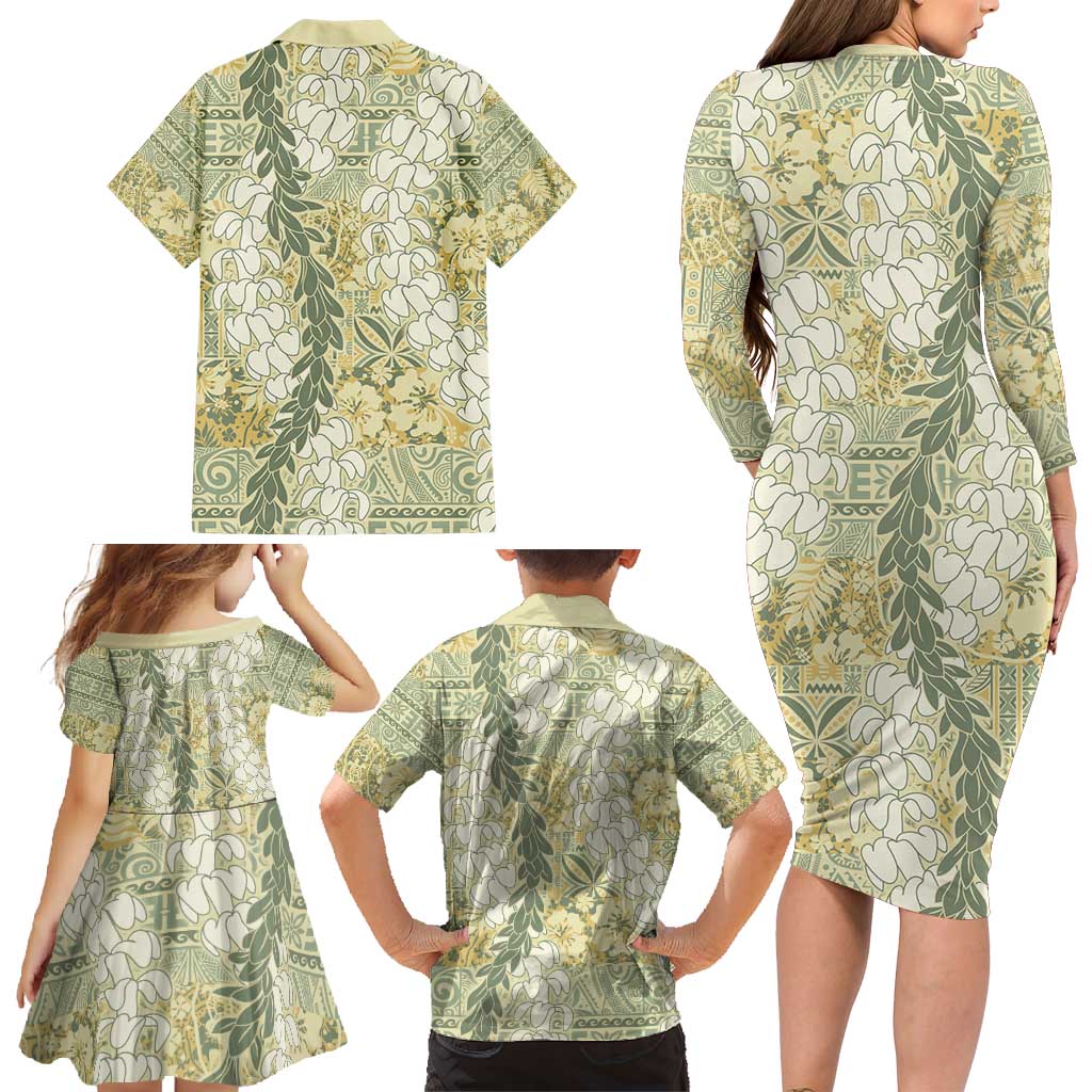 Vintage Puakenikeni and Maile Lei Family Matching Long Sleeve Bodycon Dress and Hawaiian Shirt Hawaiian Style Tribal Tapa Double Strand Lei LT9 - Polynesian Pride