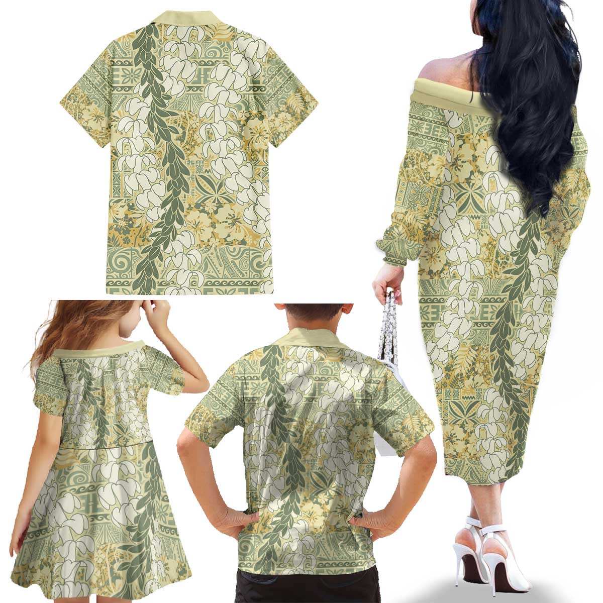 Vintage Puakenikeni and Maile Lei Family Matching Off The Shoulder Long Sleeve Dress and Hawaiian Shirt Hawaiian Style Tribal Tapa Double Strand Lei LT9 - Polynesian Pride