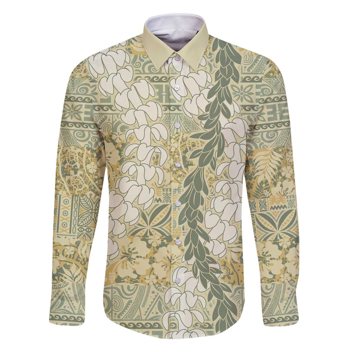 Vintage Puakenikeni and Maile Lei Family Matching Off The Shoulder Long Sleeve Dress and Hawaiian Shirt Hawaiian Style Tribal Tapa Double Strand Lei LT9 Dad's Shirt - Long Sleeve Vintage - Polynesian Pride