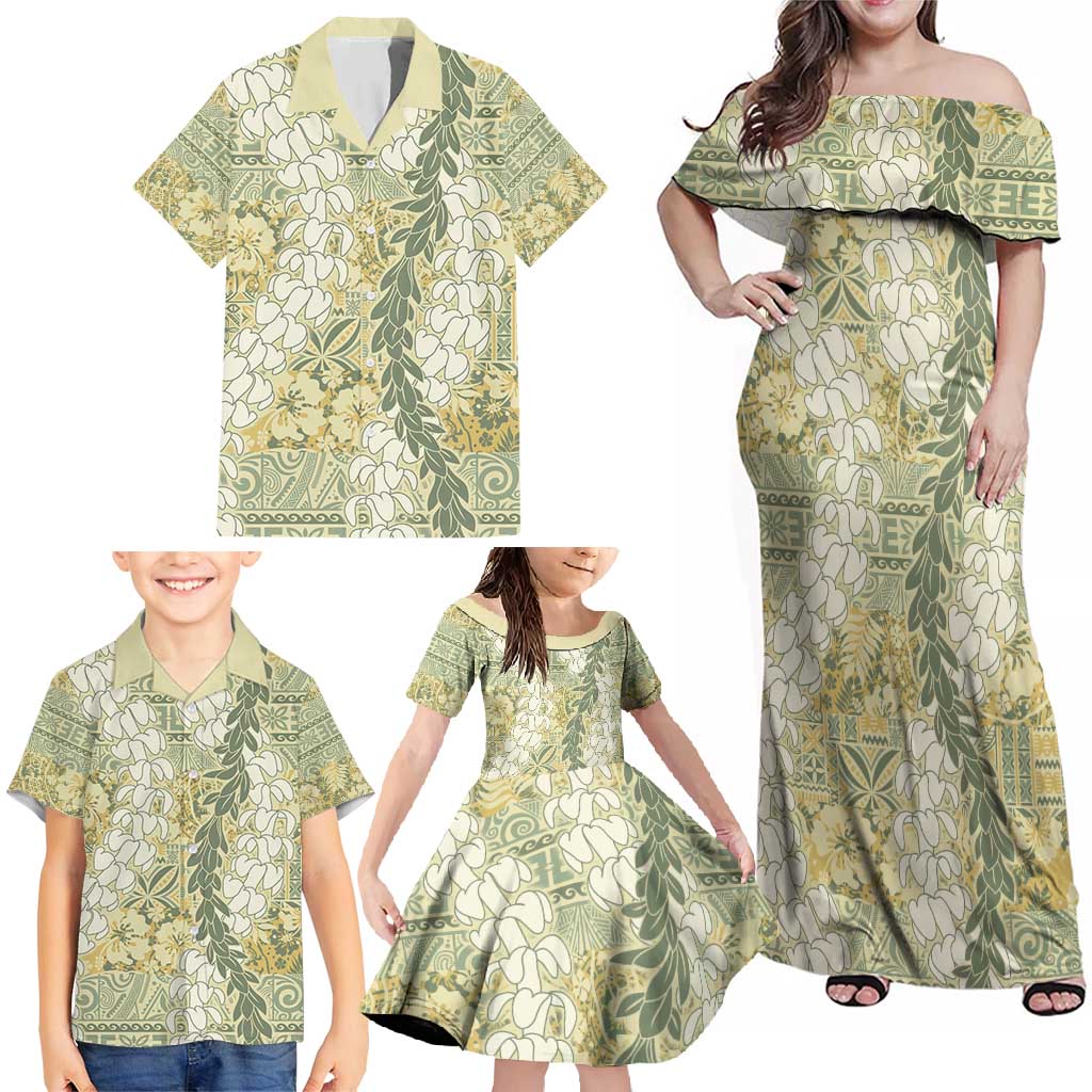 Vintage Puakenikeni and Maile Lei Family Matching Off Shoulder Maxi Dress and Hawaiian Shirt Hawaiian Style Tribal Tapa Double Strand Lei