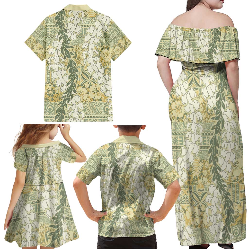 Vintage Puakenikeni and Maile Lei Family Matching Off Shoulder Maxi Dress and Hawaiian Shirt Hawaiian Style Tribal Tapa Double Strand Lei LT9 - Polynesian Pride