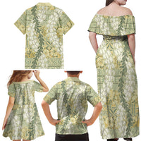 Vintage Puakenikeni and Maile Lei Family Matching Off Shoulder Maxi Dress and Hawaiian Shirt Hawaiian Style Tribal Tapa Double Strand Lei LT9 - Polynesian Pride