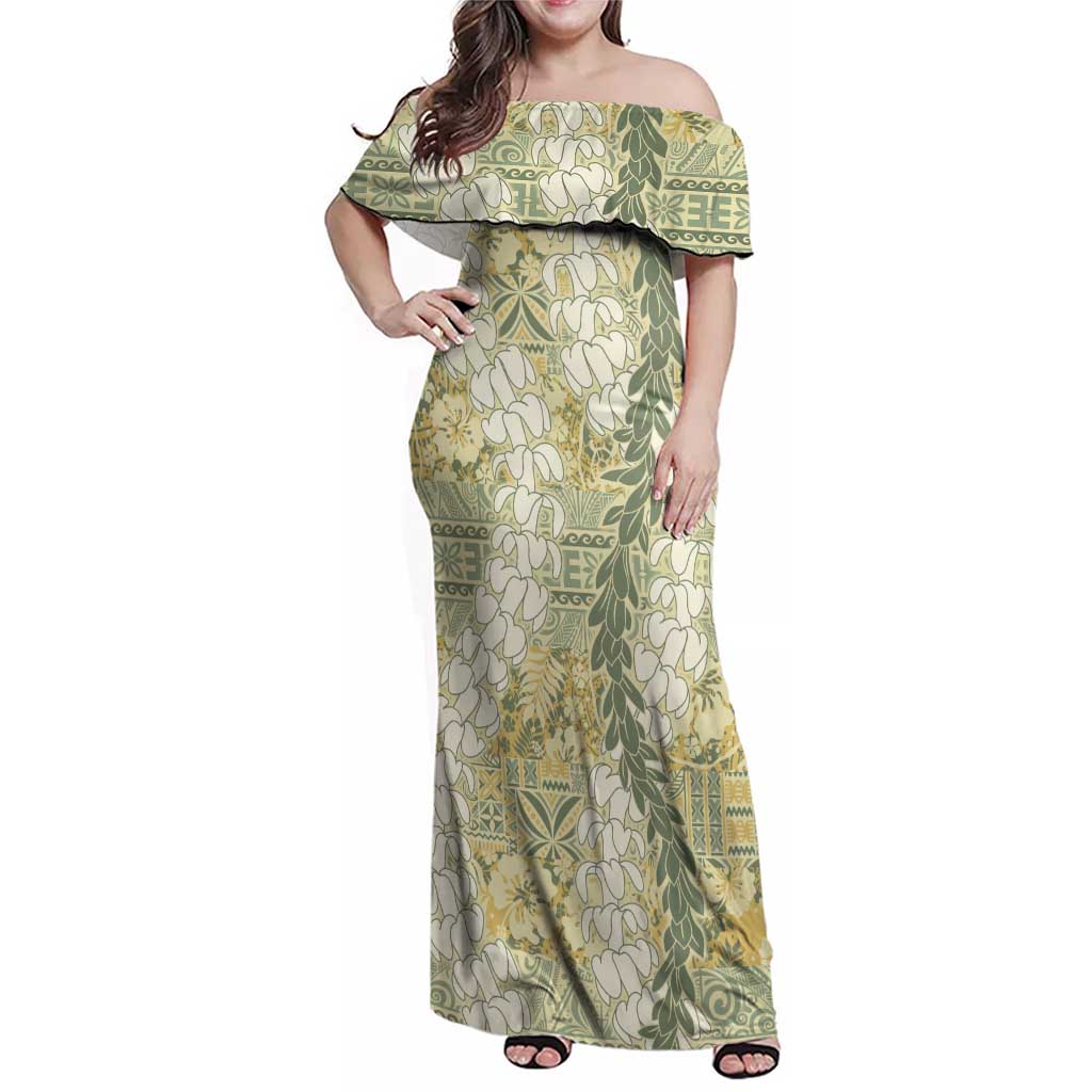 Vintage Puakenikeni and Maile Lei Family Matching Off Shoulder Maxi Dress and Hawaiian Shirt Hawaiian Style Tribal Tapa Double Strand Lei LT9 Mom's Dress Vintage - Polynesian Pride