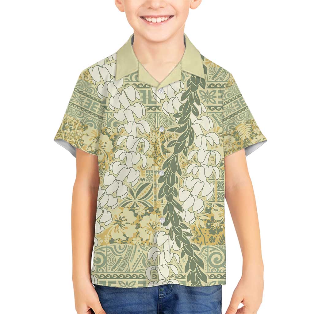 Vintage Puakenikeni and Maile Lei Family Matching Off Shoulder Maxi Dress and Hawaiian Shirt Hawaiian Style Tribal Tapa Double Strand Lei LT9 Son's Shirt Vintage - Polynesian Pride