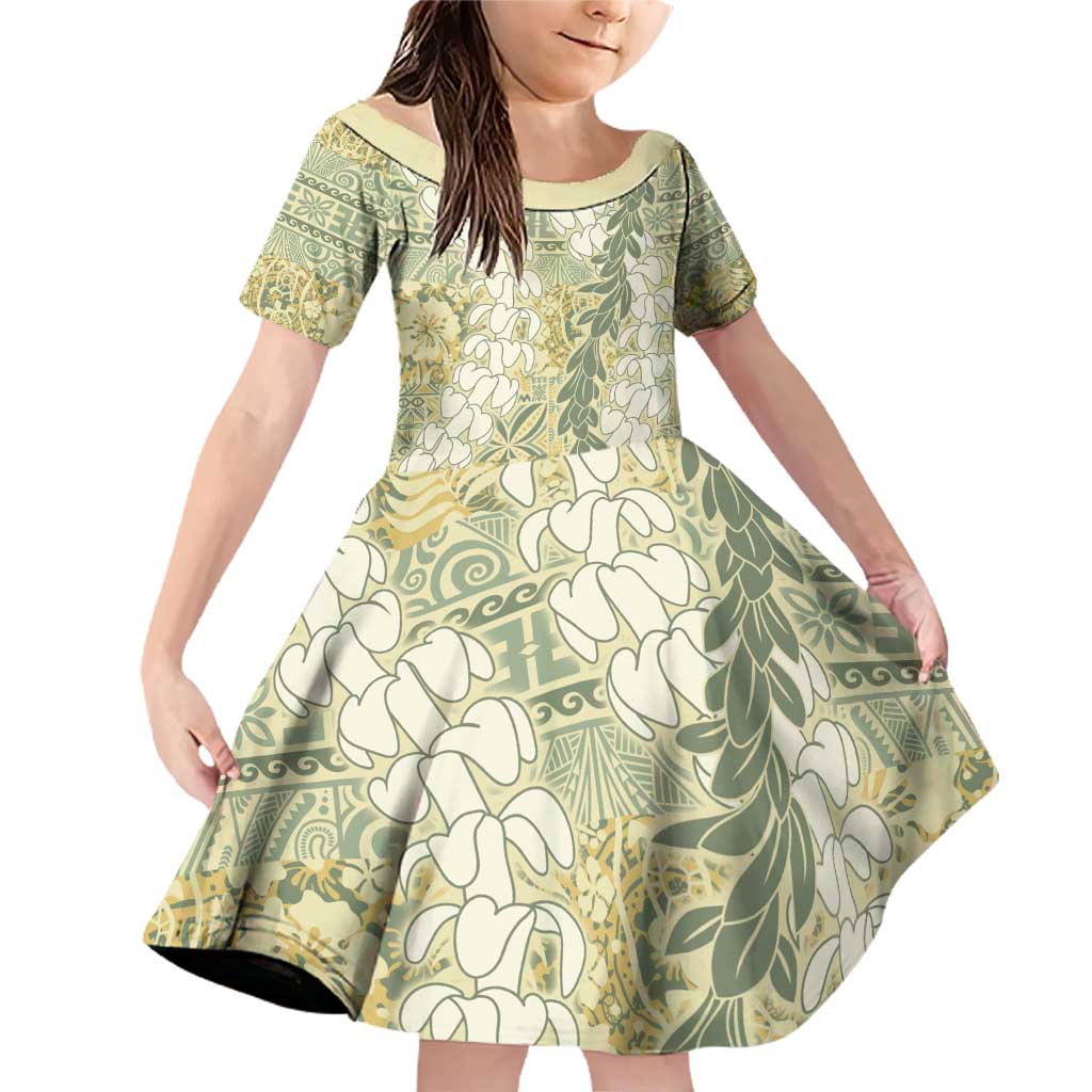 Vintage Puakenikeni and Maile Lei Family Matching Off Shoulder Short Dress and Hawaiian Shirt Hawaiian Style Tribal Tapa Double Strand Lei LT9 Daughter's Dress Vintage - Polynesian Pride
