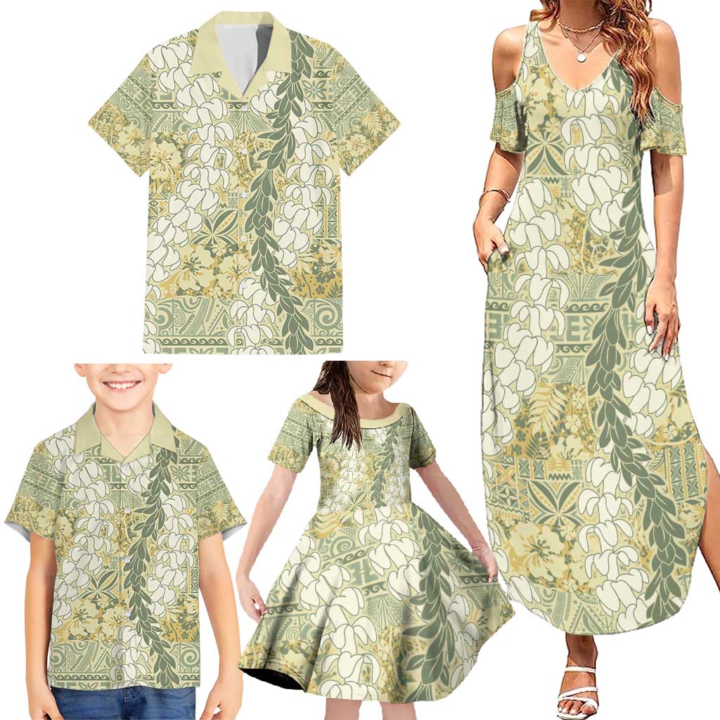 Vintage Puakenikeni and Maile Lei Family Matching Summer Maxi Dress and Hawaiian Shirt Hawaiian Style Tribal Tapa Double Strand Lei
