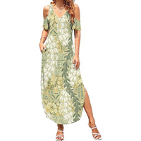 Vintage Puakenikeni and Maile Lei Family Matching Summer Maxi Dress and Hawaiian Shirt Hawaiian Style Tribal Tapa Double Strand Lei LT9 Mom's Dress Vintage - Polynesian Pride