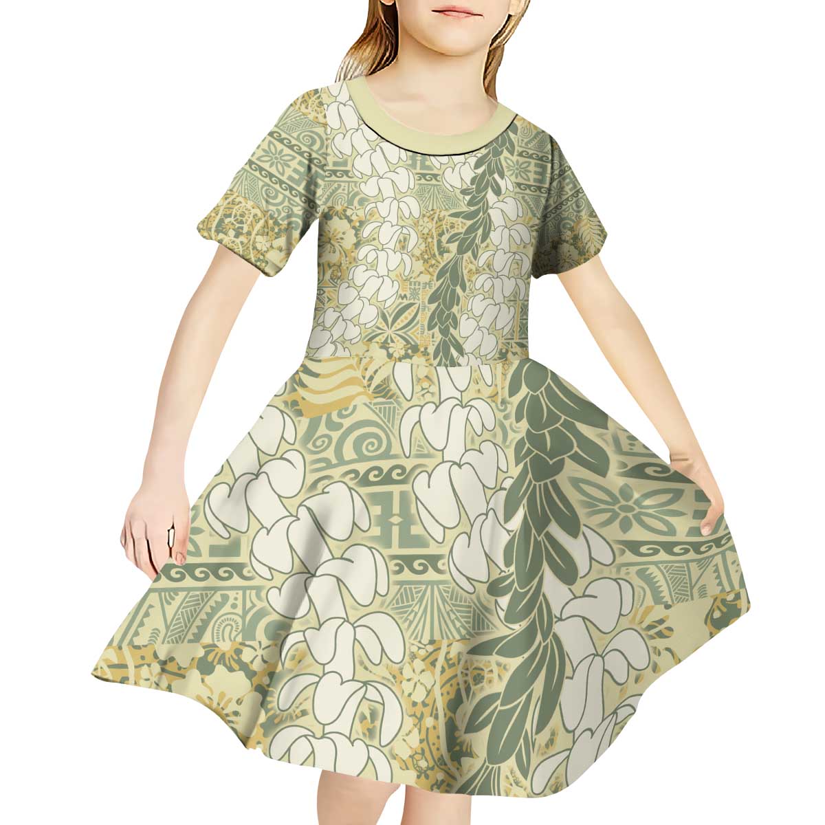 Vintage Puakenikeni and Maile Lei Kid Short Sleeve Dress Hawaiian Style Tribal Tapa Double Strand Lei LT9 - Polynesian Pride