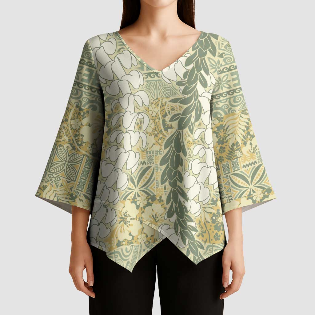 Vintage Puakenikeni and Maile Lei Kimono Sleeve Blouse Hawaiian Style Tribal Tapa Double Strand Lei - Polynesian Pride