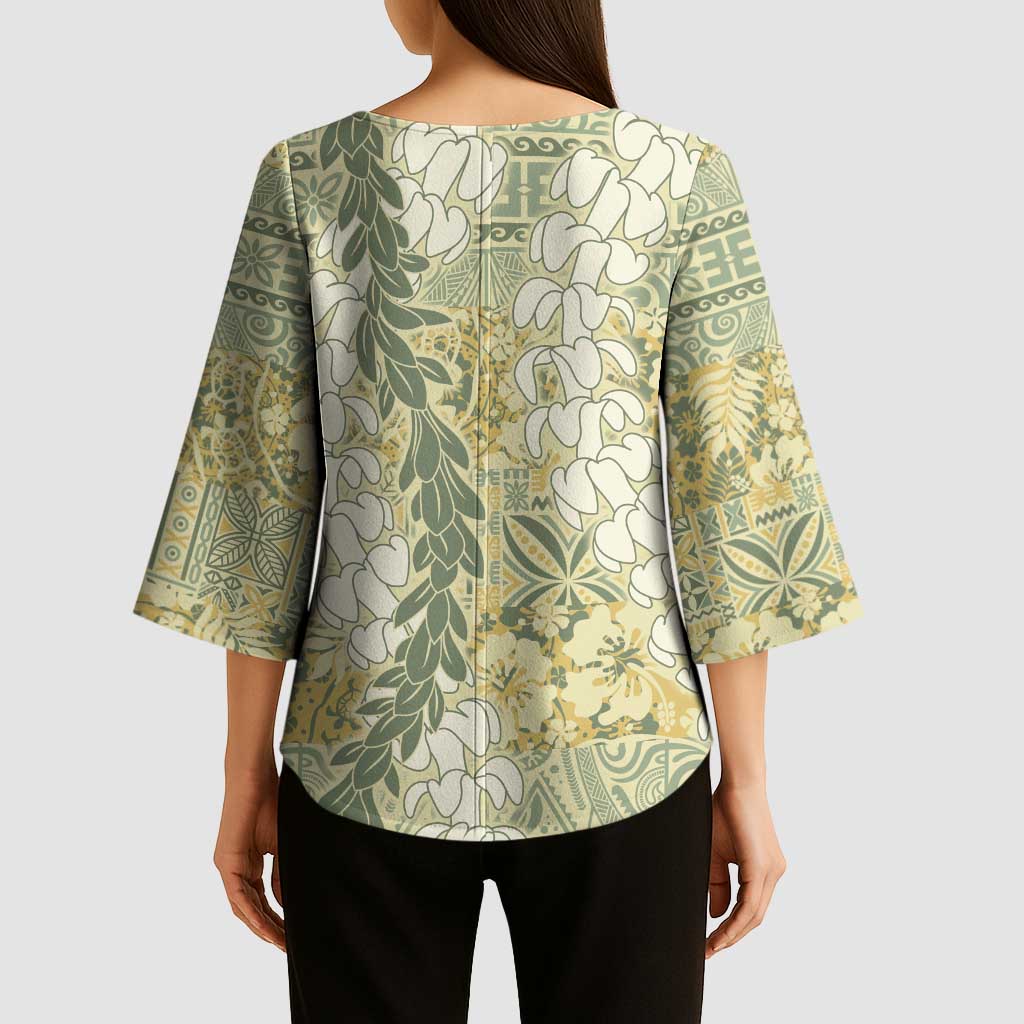 Vintage Puakenikeni and Maile Lei Kimono Sleeve Blouse Hawaiian Style Tribal Tapa Double Strand Lei - Polynesian Pride