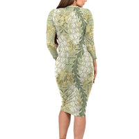 Vintage Puakenikeni and Maile Lei Long Sleeve Bodycon Dress Hawaiian Style Tribal Tapa Double Strand Lei LT9 - Polynesian Pride