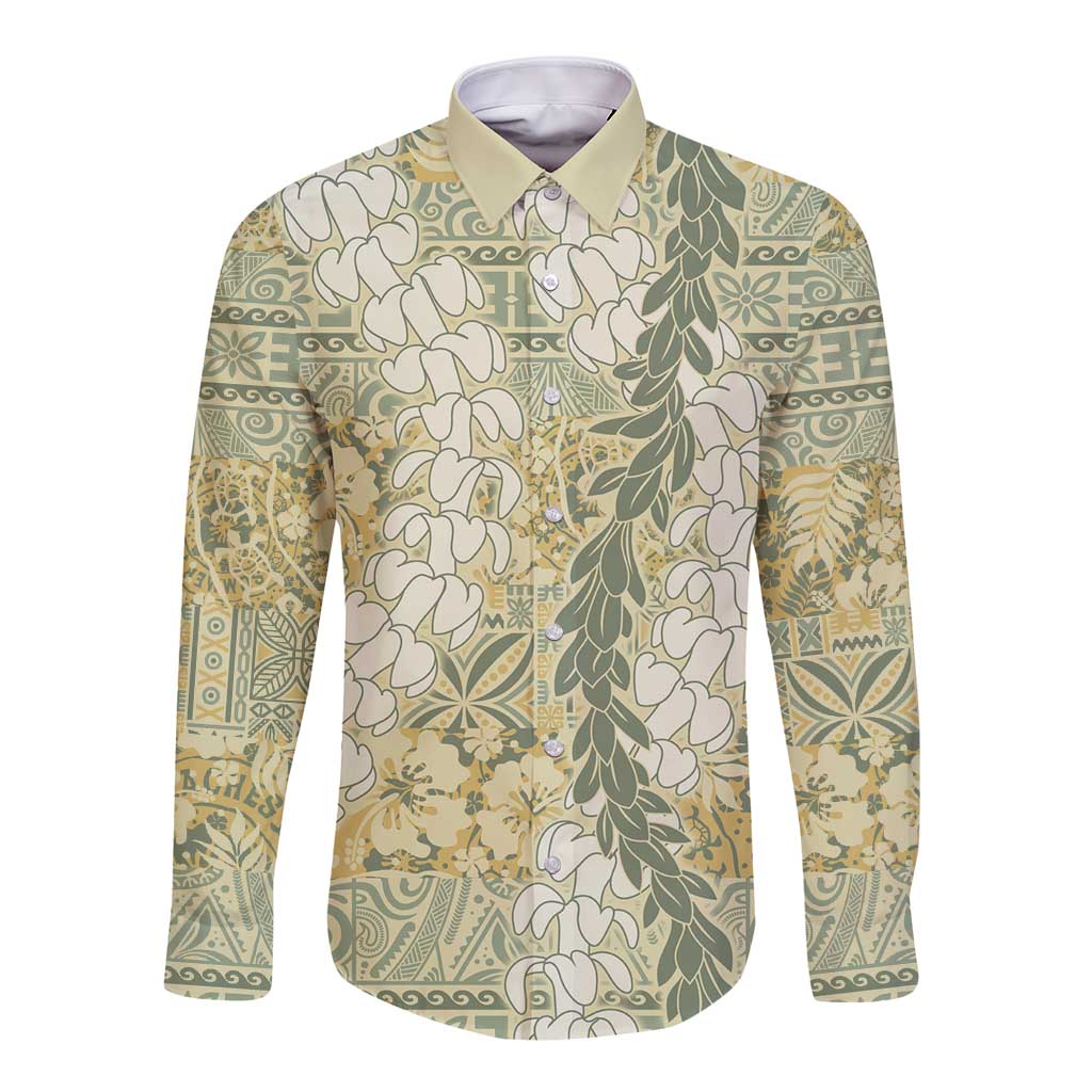 Vintage Puakenikeni and Maile Lei Long Sleeve Button Shirt Hawaiian Style Tribal Tapa Double Strand Lei LT9 Unisex Vintage - Polynesian Pride