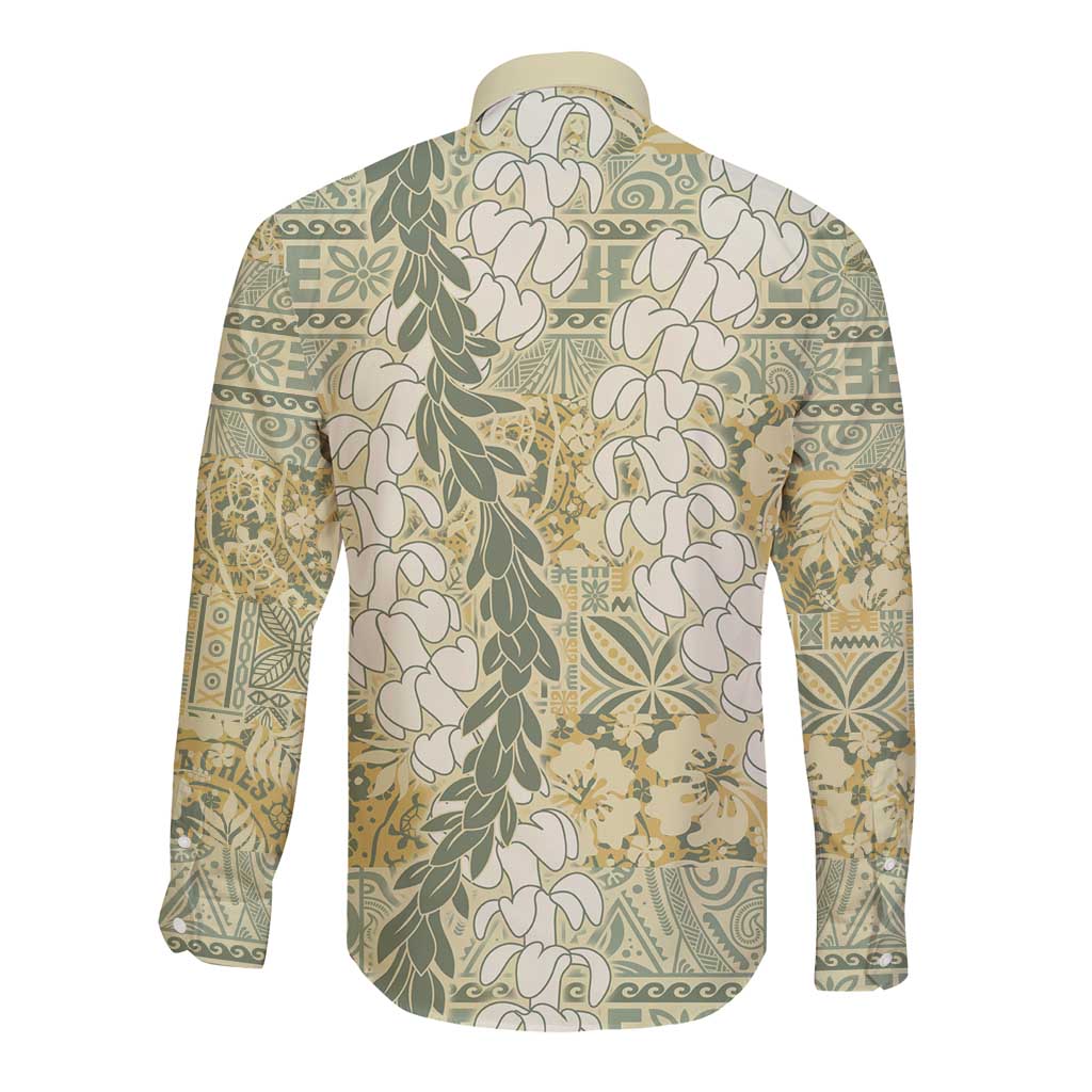 Vintage Puakenikeni and Maile Lei Long Sleeve Button Shirt Hawaiian Style Tribal Tapa Double Strand Lei LT9 - Polynesian Pride