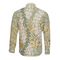 Vintage Puakenikeni and Maile Lei Long Sleeve Button Shirt Hawaiian Style Tribal Tapa Double Strand Lei LT9 - Polynesian Pride