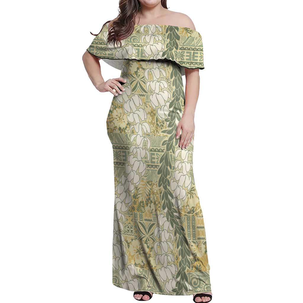 Vintage Puakenikeni and Maile Lei Off Shoulder Maxi Dress Hawaiian Style Tribal Tapa Double Strand Lei